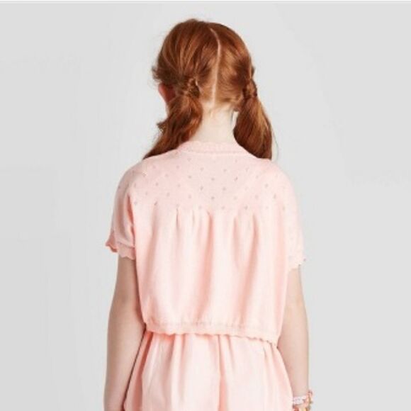 Girls' Short Sleeve XS- Cardigan Sweater - Cat & Jack Powder Pink - Picture 3 of 4